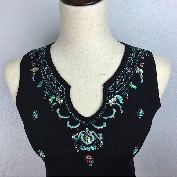 Joseph A. Vintage Black Sleeveless Blouse Embroidered Sequin Tribal Asian Y2K 90 - Picture 2 of 14